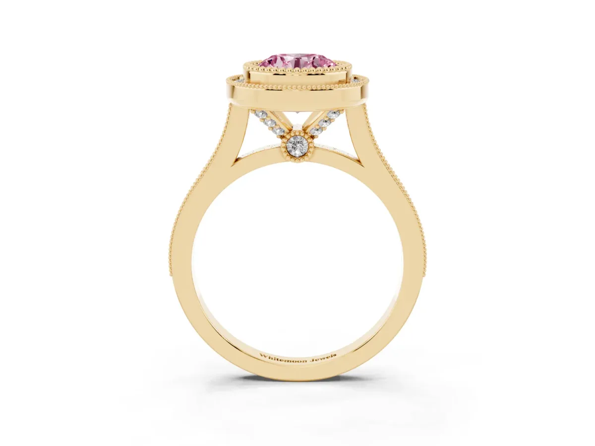 Fancy Pink Round Cut Diamond Halo Ring with Milgrain Frame and Pavé Band Yellow gold
