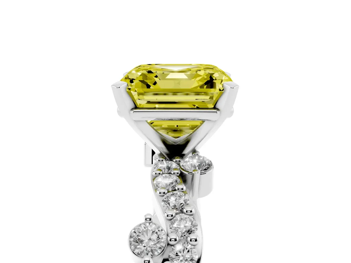 Fancy Yellow Asscher Cut Cut Solitaire Diamond Twisted Band with Pave Setting Silver