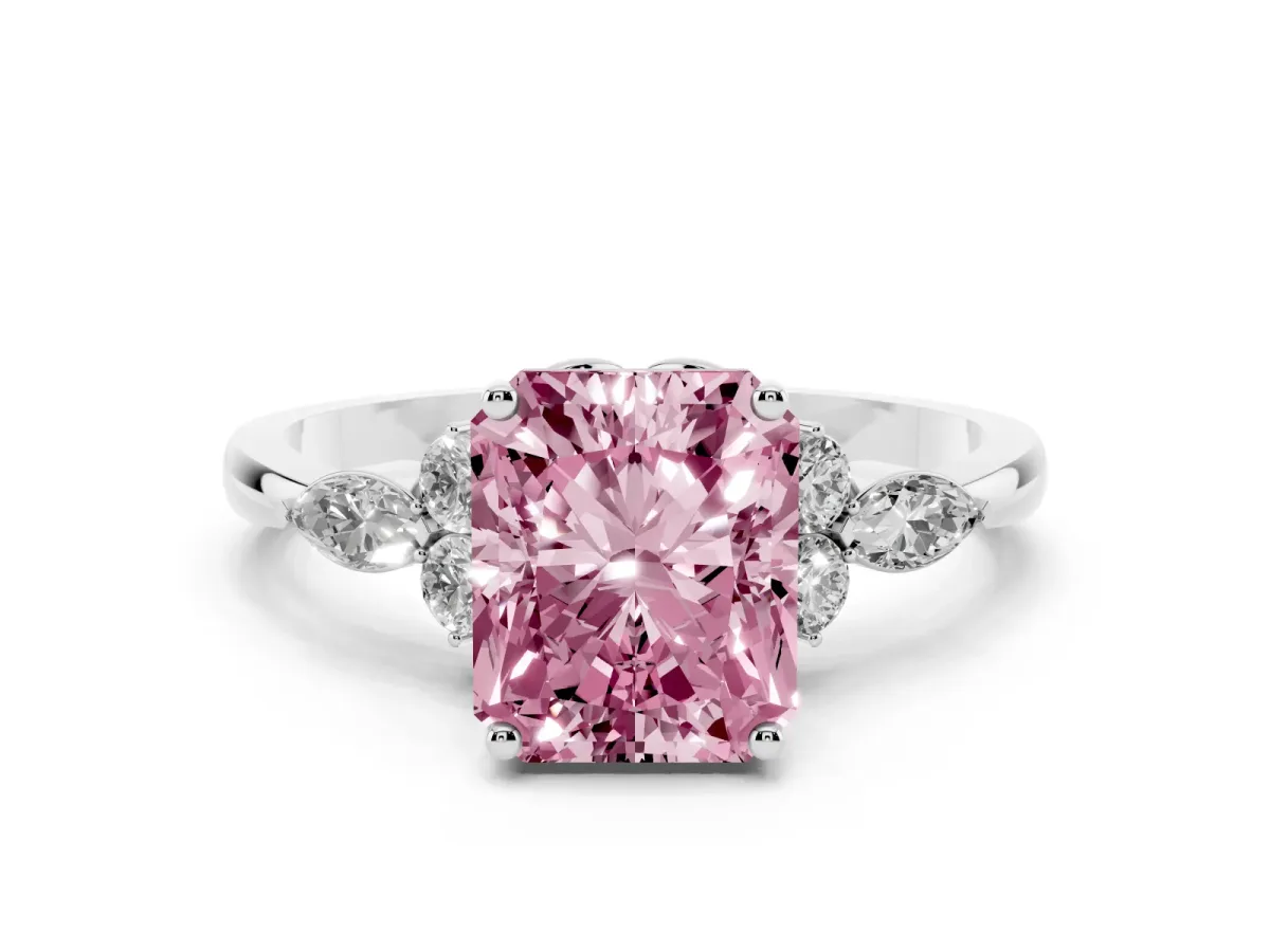 Fancy Pink Radiant Cut Brilliant Diamond Solitaire Ring with Pear Side Stones and Four-Prong Setting Platinum