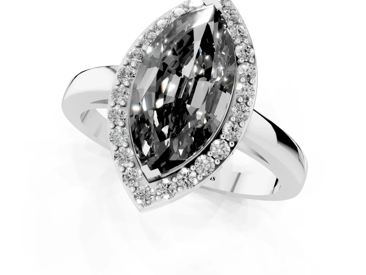 Fancy Black Marquise Cut Halo Diamond Ring with Solitaire Band and Prong Setting Platinum