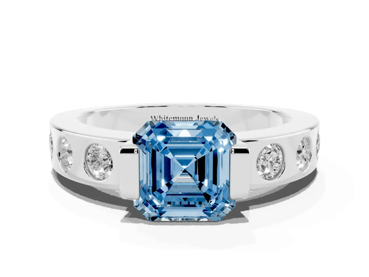 Fancy Blue Asscher Cut Brilliant Channel-Set Diamond Ring with Bezel Prong Setting Platinum