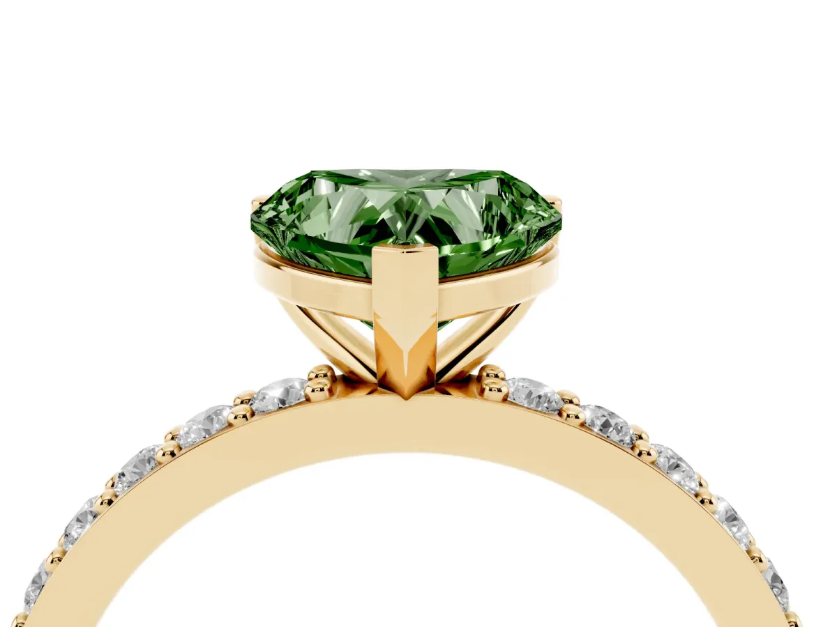 Fancy Green Heart Cut Cut Diamond Solitaire with Pave Band and Four-Prong Setting Yellow gold