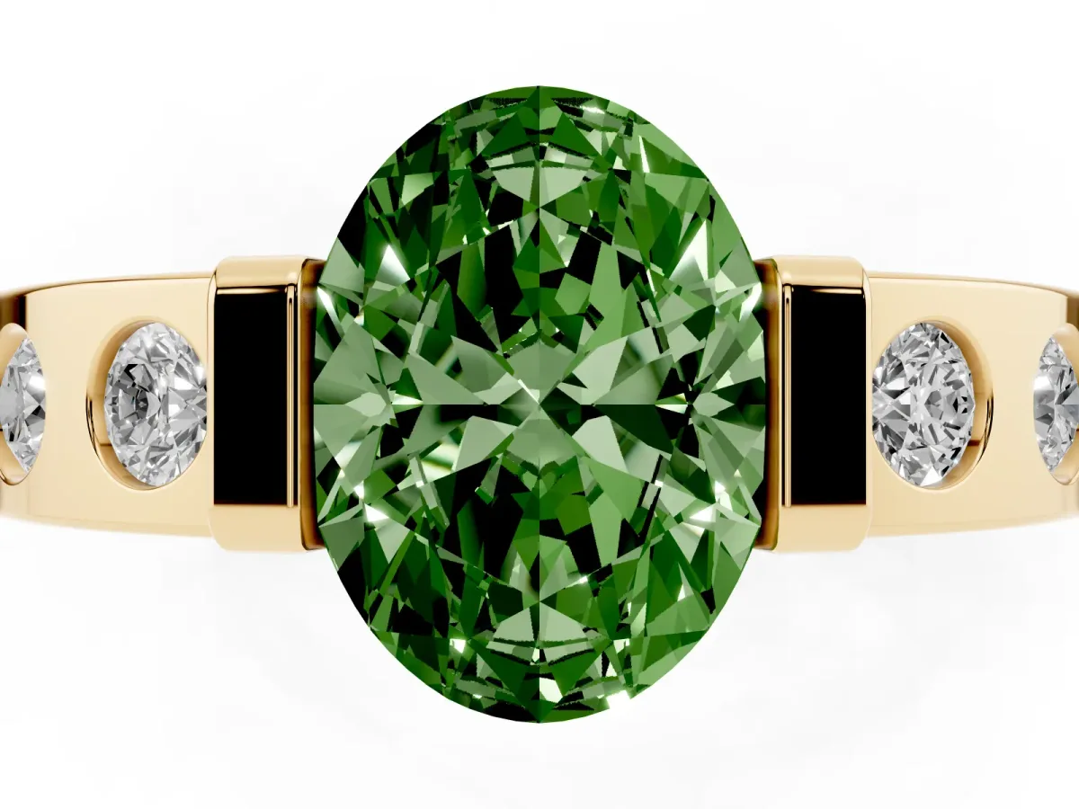 Fancy Green Oval Cut Brilliant Channel-Set Diamond Ring with Bezel Prong Setting Yellow gold