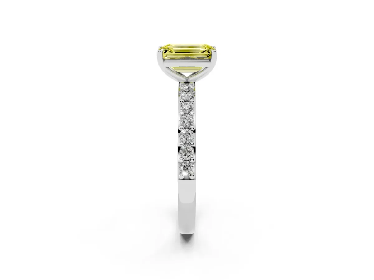 Fancy Yellow Emerald Cut Cut Diamond Solitaire with Pave Band and Four-Prong Setting Silver
