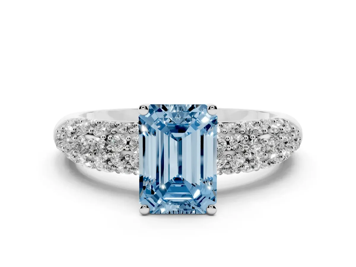 Fancy Blue Emerald Cut Diamond Pavé Band Solitaire Ring with Four-Prong Setting Silver