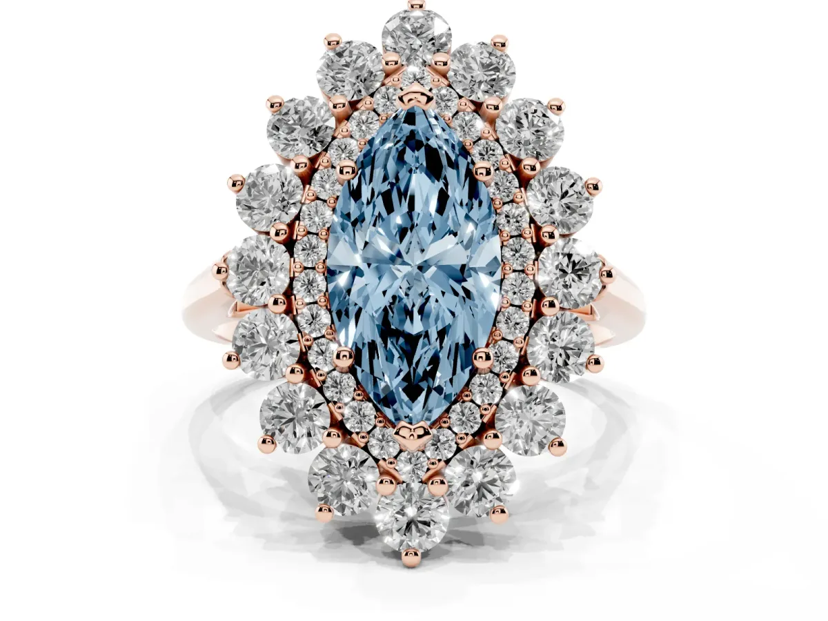 Fancy Blue Marquise Cut Diamond Floral Double Halo Engagement Ring with Prong Setting Rose gold