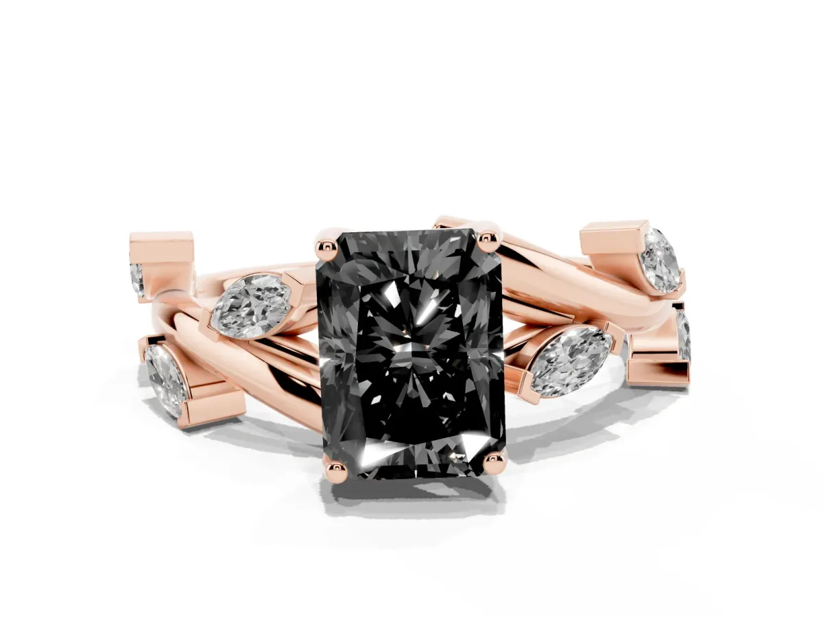 Fancy Black Radiant Cut Solitaire Twisted Band Marquise Accent Prong Setting Ring Rose gold