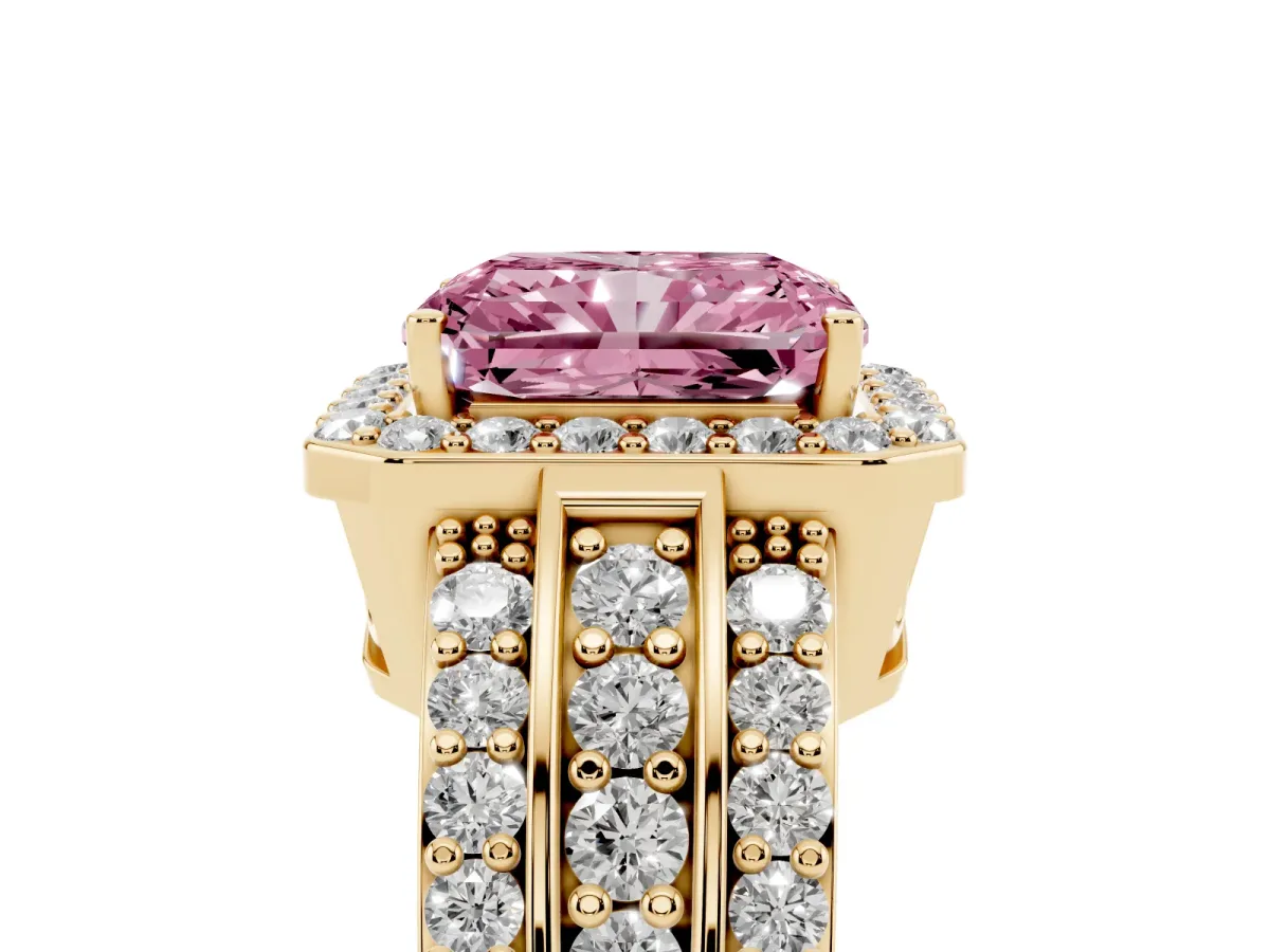 Fancy Pink Radiant Cut Halo Diamond Ring with Round Split Shank and Prong Setting Yellow gold