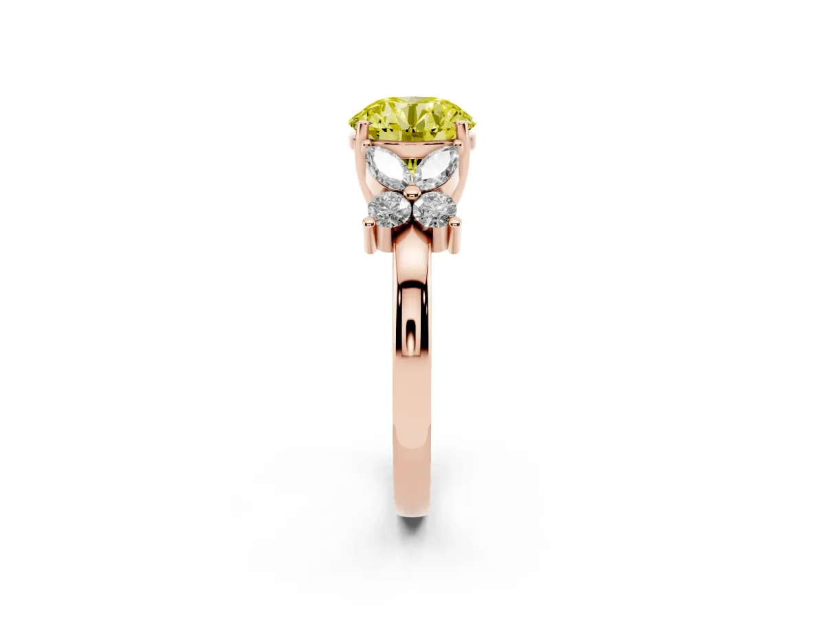 Fancy Yellow Round Cut Diamond Floral Cluster Ring with Solitaire Band and Prong Setting Rose gold