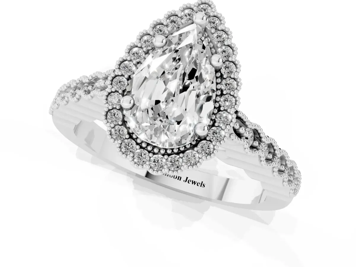 Pear Cut Cut Halo Pavé Solitaire Ring with Milgrain Band White gold