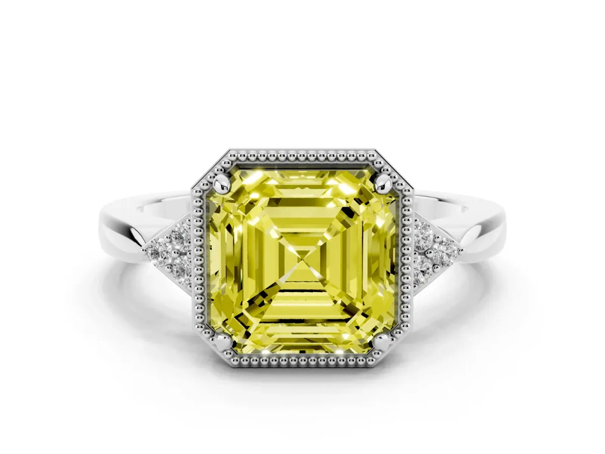 Fancy Yellow Milgrain Asscher Cut Cut Diamond Ring with Tapered Pave Band and Four Prong Setting White gold