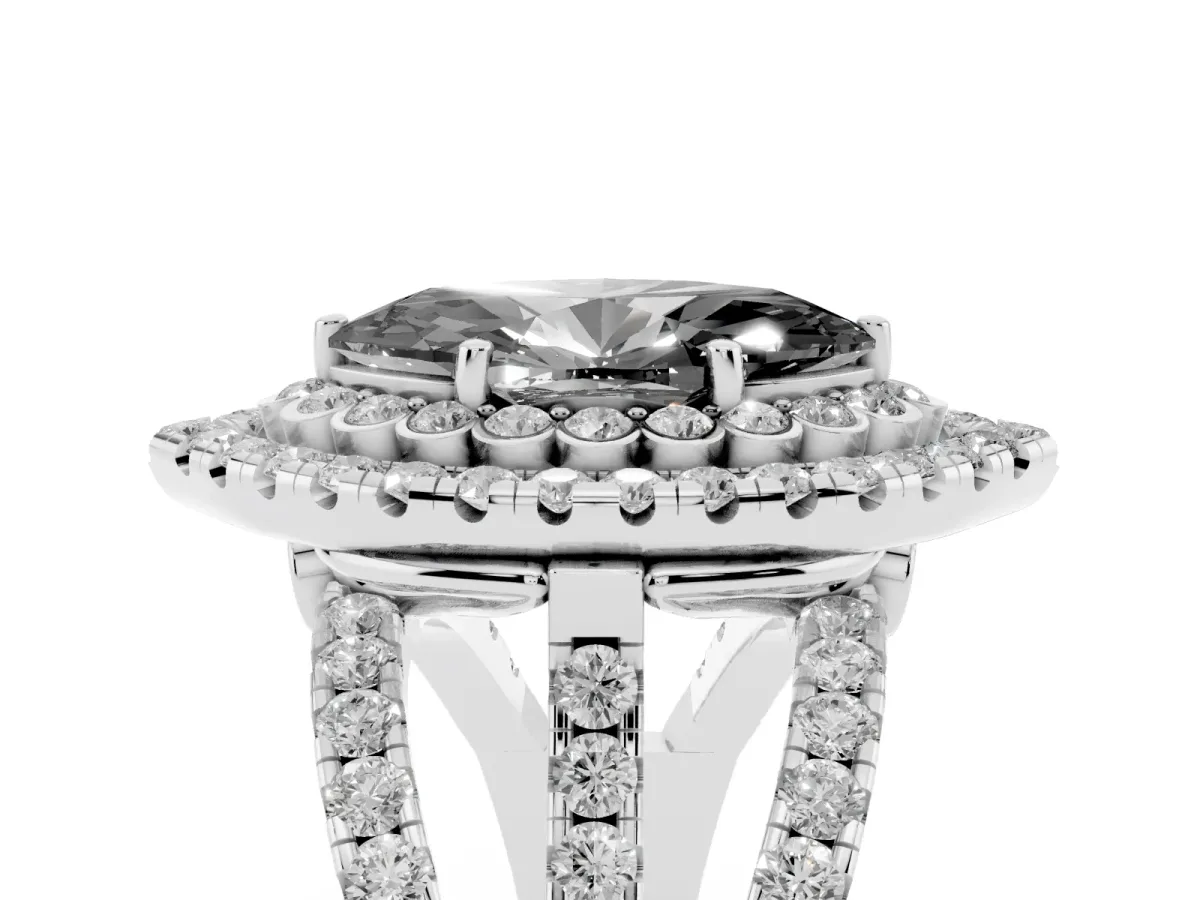 Fancy Black Marquise Cut Diamond Double Halo Ring with Round Pavé Split Shank and Prong Setting Silver