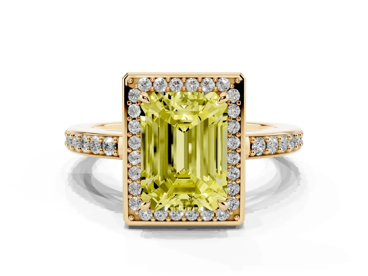 Fancy Yellow Emerald Cut Halo Pave Band Solitaire Ring with Prong Setting Yellow gold
