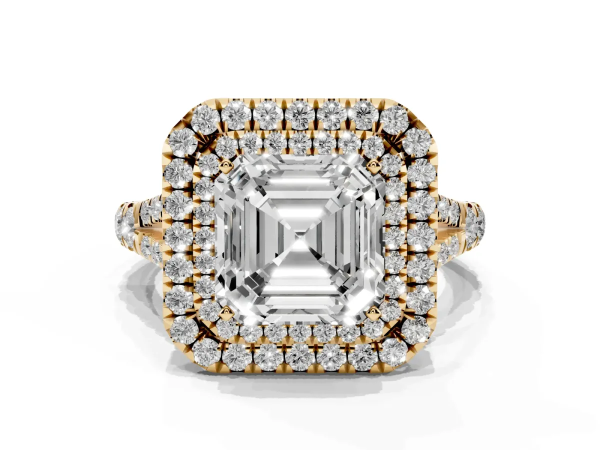 Asscher Cut Cut Double Halo Split Shank Diamond Ring with Prong Setting Yellow gold
