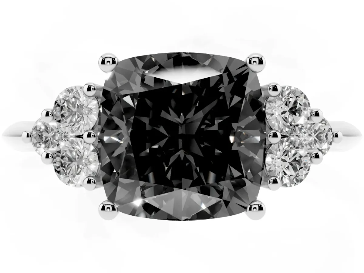 Fancy Black Cushion Cut Cut Diamond Cluster Ring with Solitaire Band and Four-Prong Setting Silver