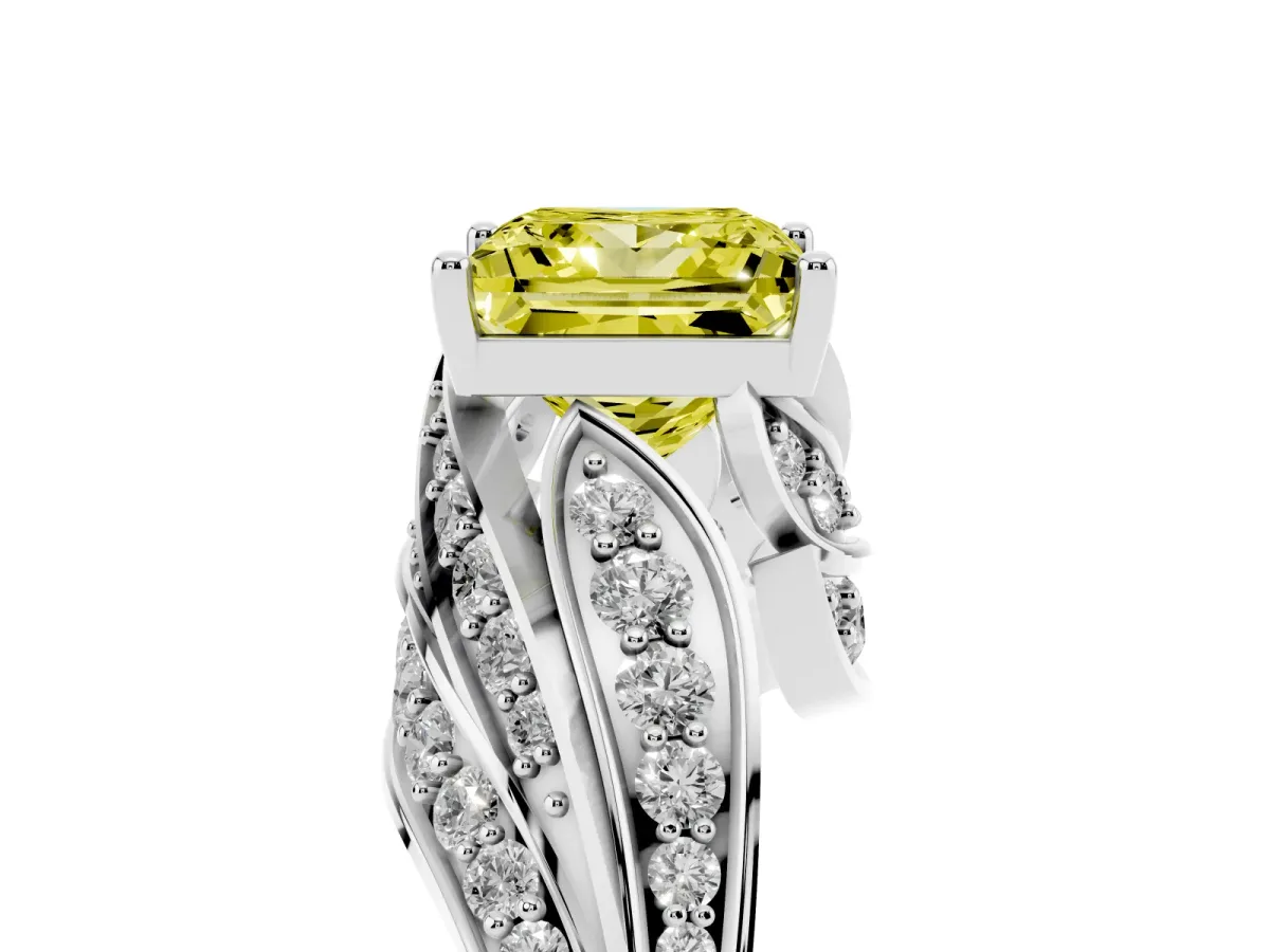 Fancy Yellow Princess Cut Diamond Solitaire Ring with Prong Setting and Twisted Pavé Band White gold