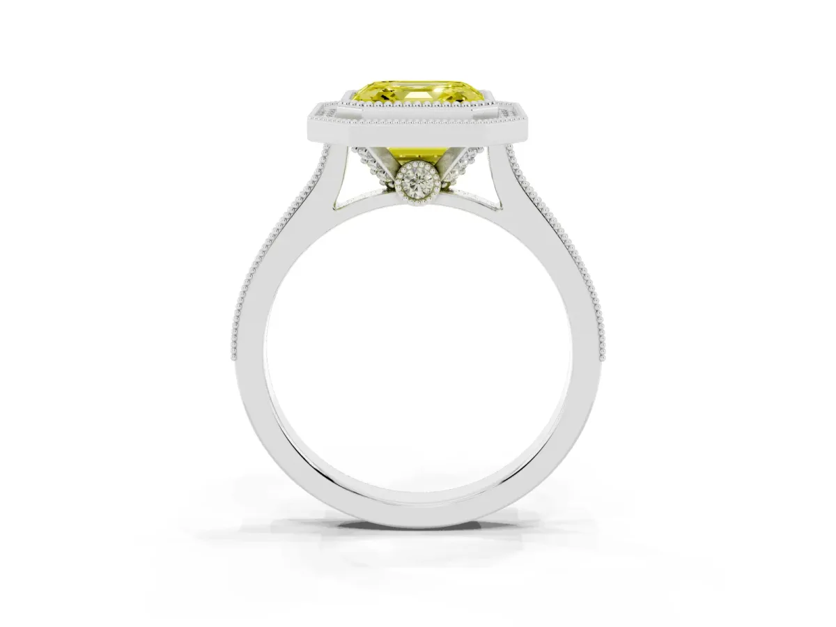 Fancy Yellow Halo Asscher Cut-Cut Diamond Pave Band Milgrain Prong Setting Ring Silver
