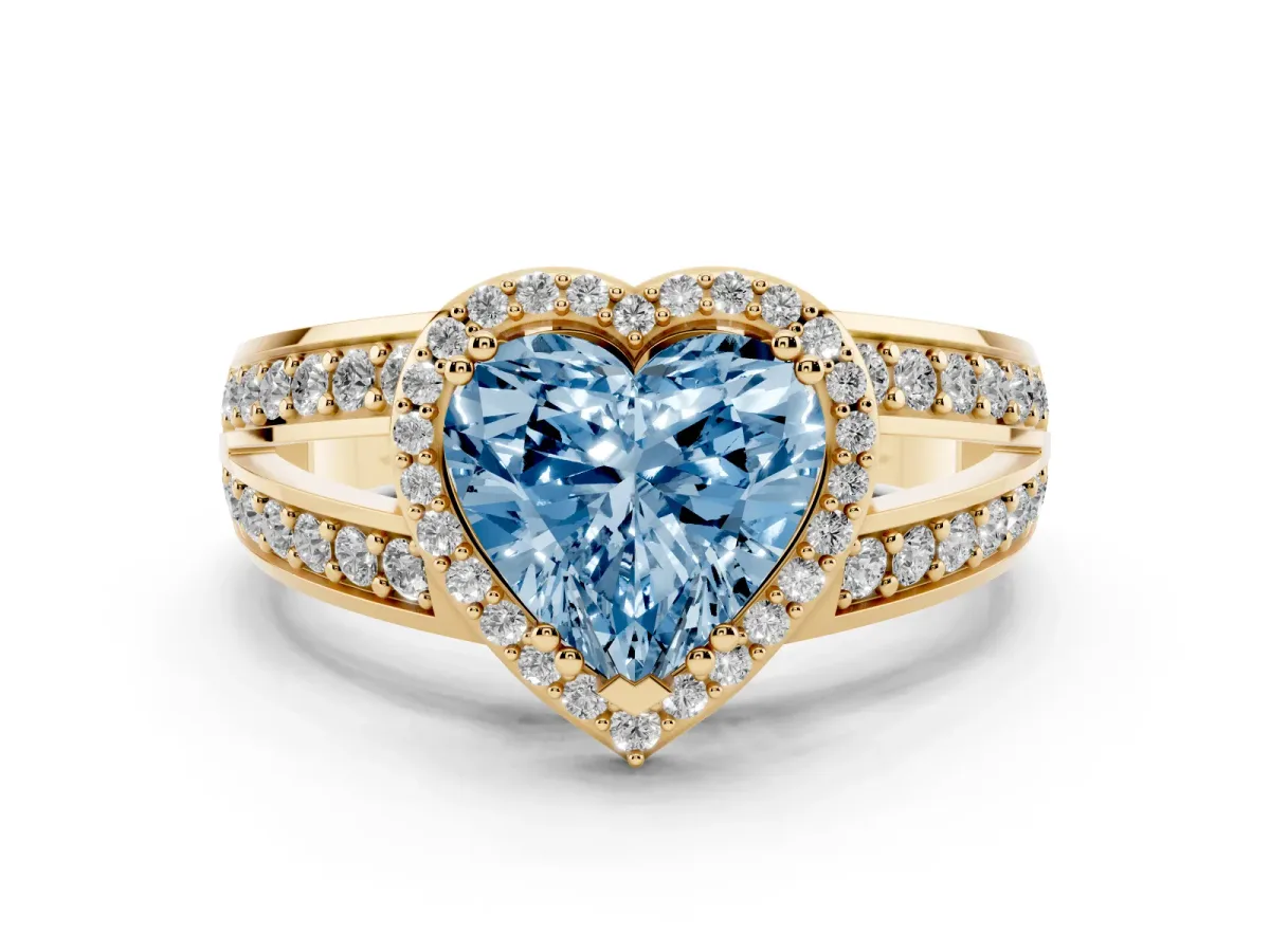 Fancy Blue Heart Cut Diamond Halo Ring with Split Shank Pavé Band and Four-Prong Setting Yellow gold