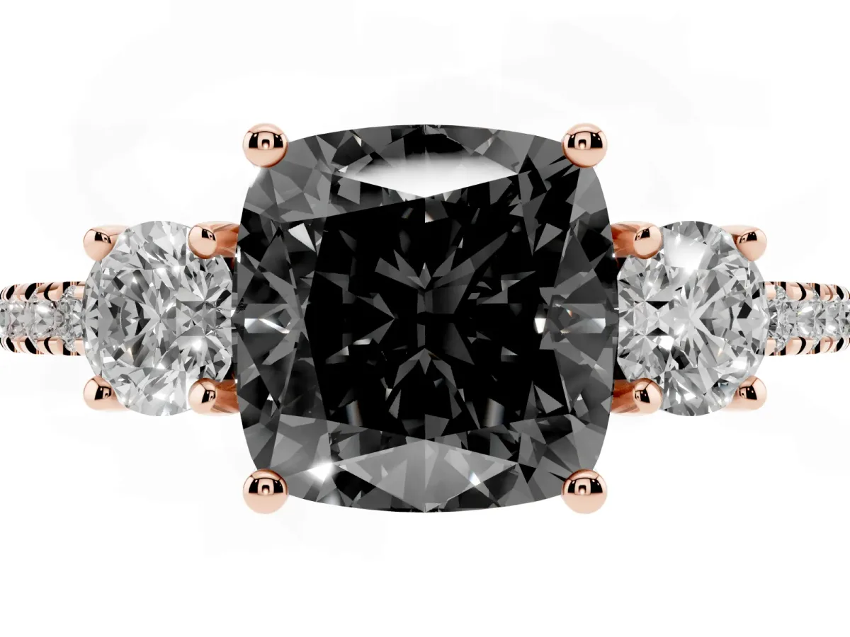 Fancy Black Three-Stone Cushion Cut Cut Diamond Pavé Band with Prong Setting Rose gold