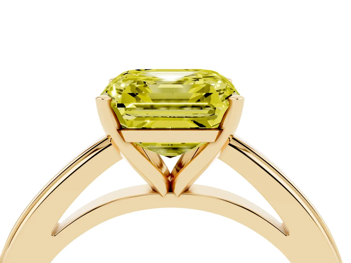 Fancy Yellow Asscher Cut Solitaire Diamond Ring with Four-Prong Setting and Classic Band Yellow gold