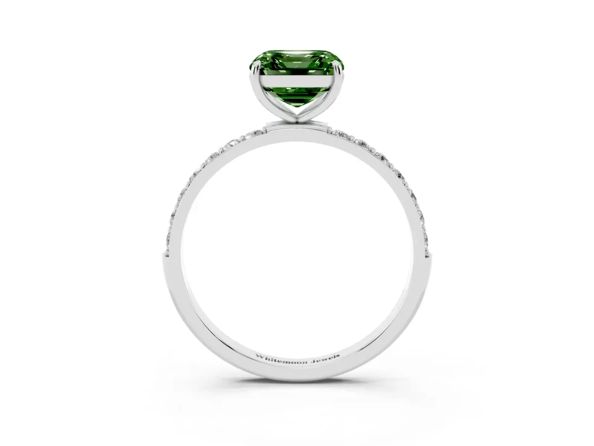 Fancy Green Asscher Cut Diamond Solitaire Ring with Round Pavé Shoulders and Prong Setting Silver