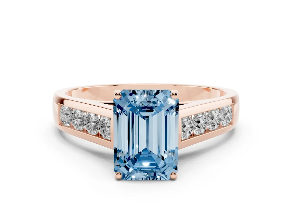 Fancy Blue Emerald Cut Solitaire Channel-Set Diamond Engagement Ring with Four-Prong Setting Rose gold