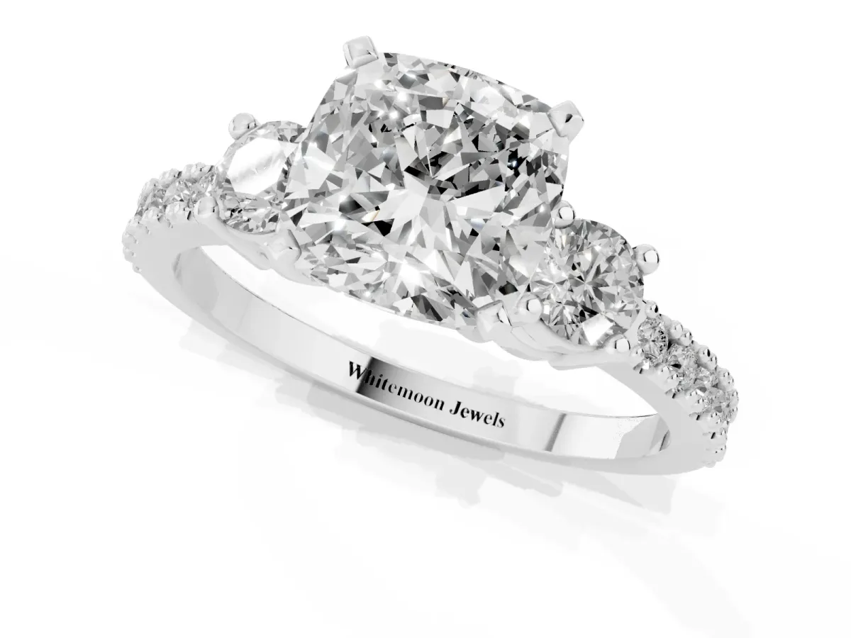Cushion Cut Three-Stone Diamond Pavé Band with Prong Setting White gold