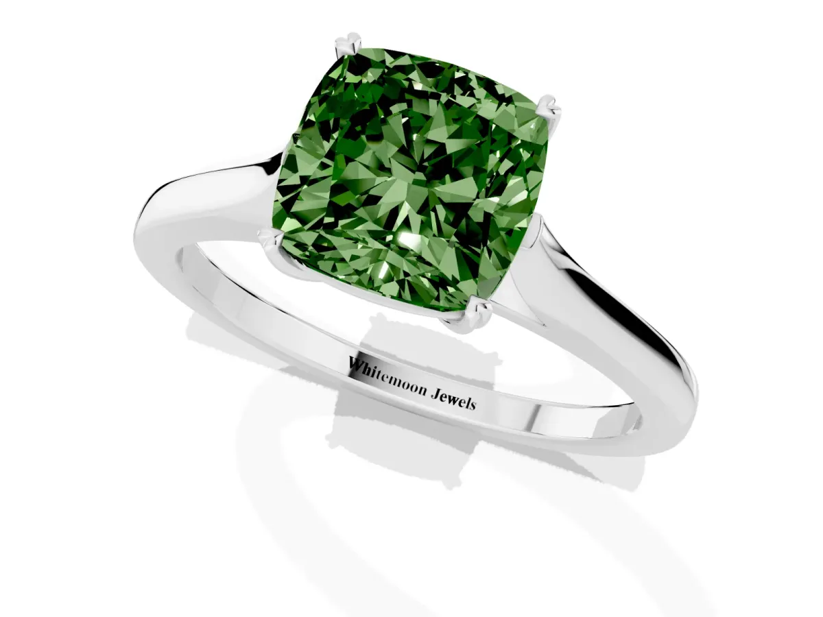 Fancy Green Cushion Cut Solitaire Heart Prong Engagement Ring with Tapered Band Platinum