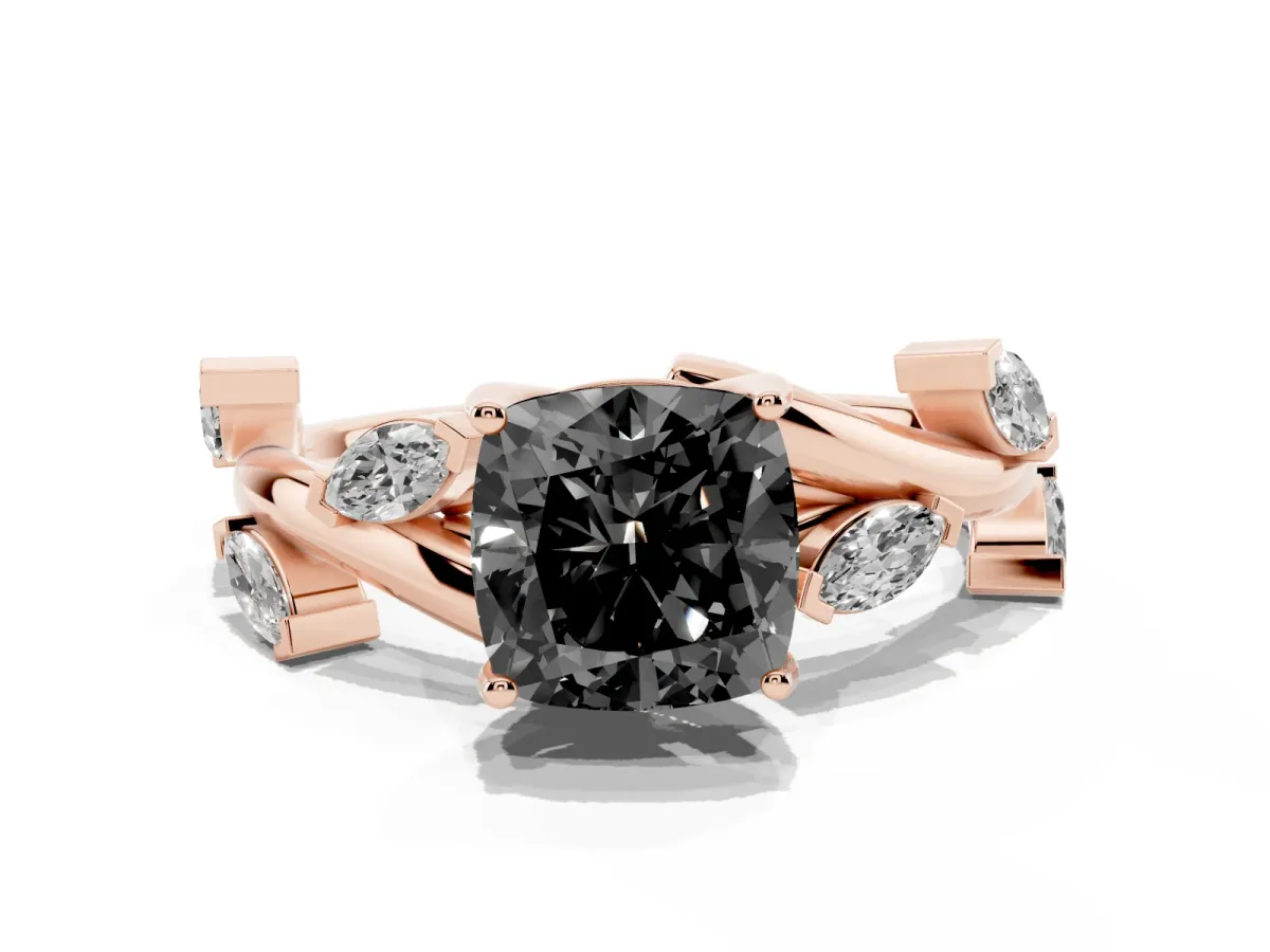 Fancy Black Cushion Cut Solitaire Twisted Band Marquise Accent Prong Setting Ring Rose gold