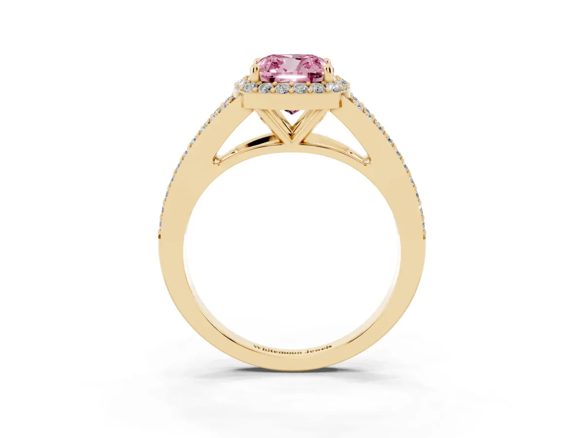 Fancy Pink Cushion Cut Halo Split Shank Pave Diamond Ring with Four-Prong Setting Yellow gold