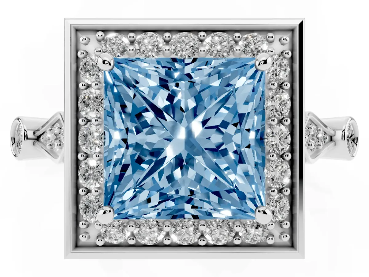 Fancy Blue Princess Cut Halo Diamond Engagement Ring with Twisted Band and Four-Prong Setting Platinum