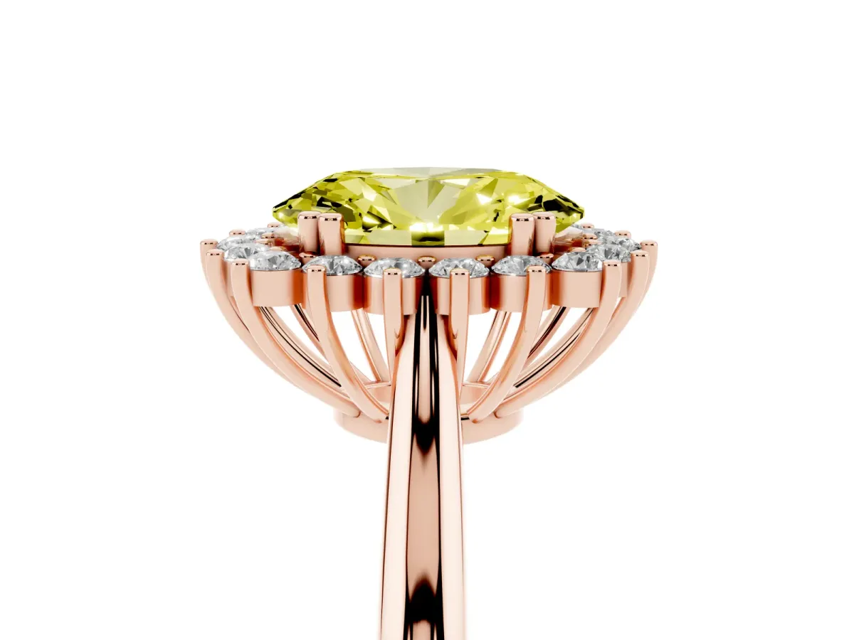 Fancy Yellow Oval Cut Cut Diamond Halo Ring with Solitaire Band and Prong Setting Rose gold