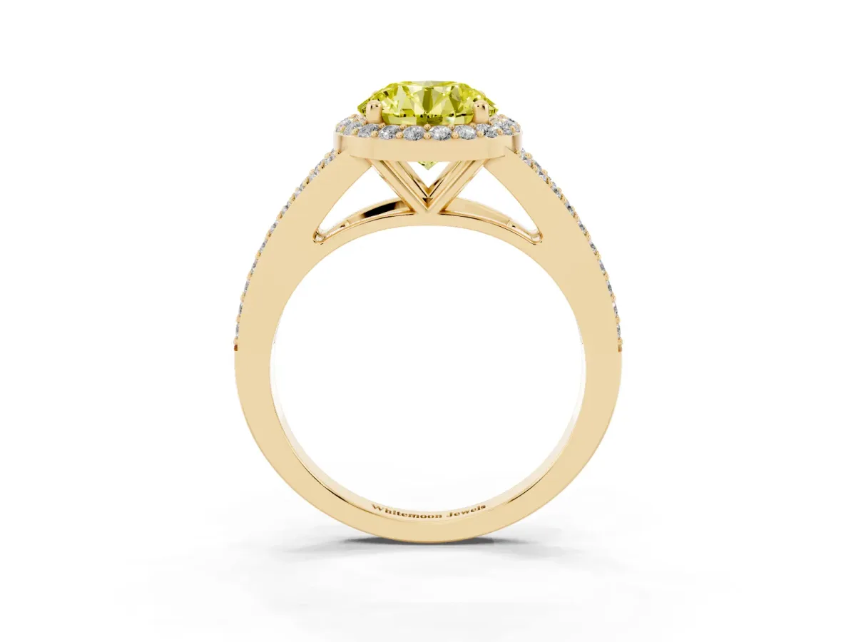 Fancy Yellow Round Cut Halo Split Shank Pave Diamond Ring with Four-Prong Setting Yellow gold