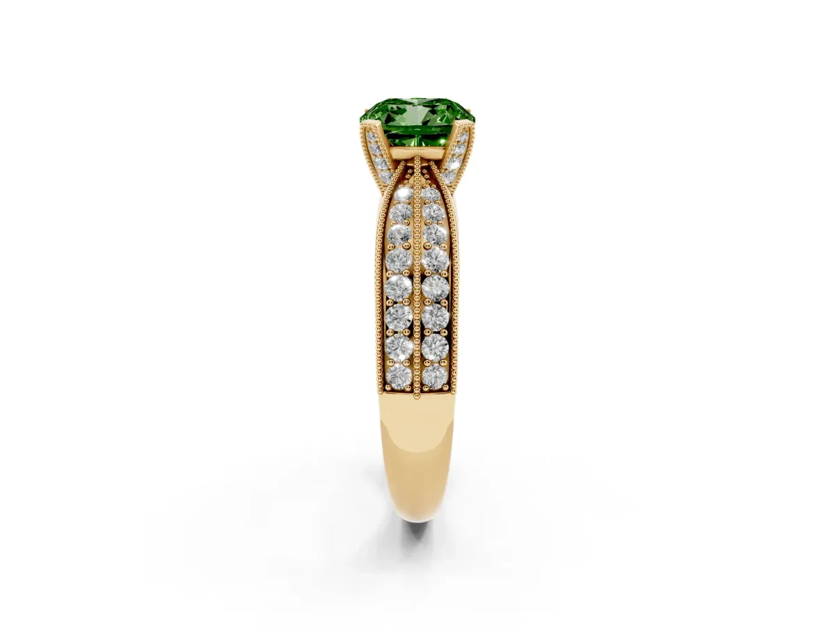 Fancy Green Cushion Cut Diamond Solitaire Ring with Milgrain Round Pavé Band and Prong Setting Yellow gold