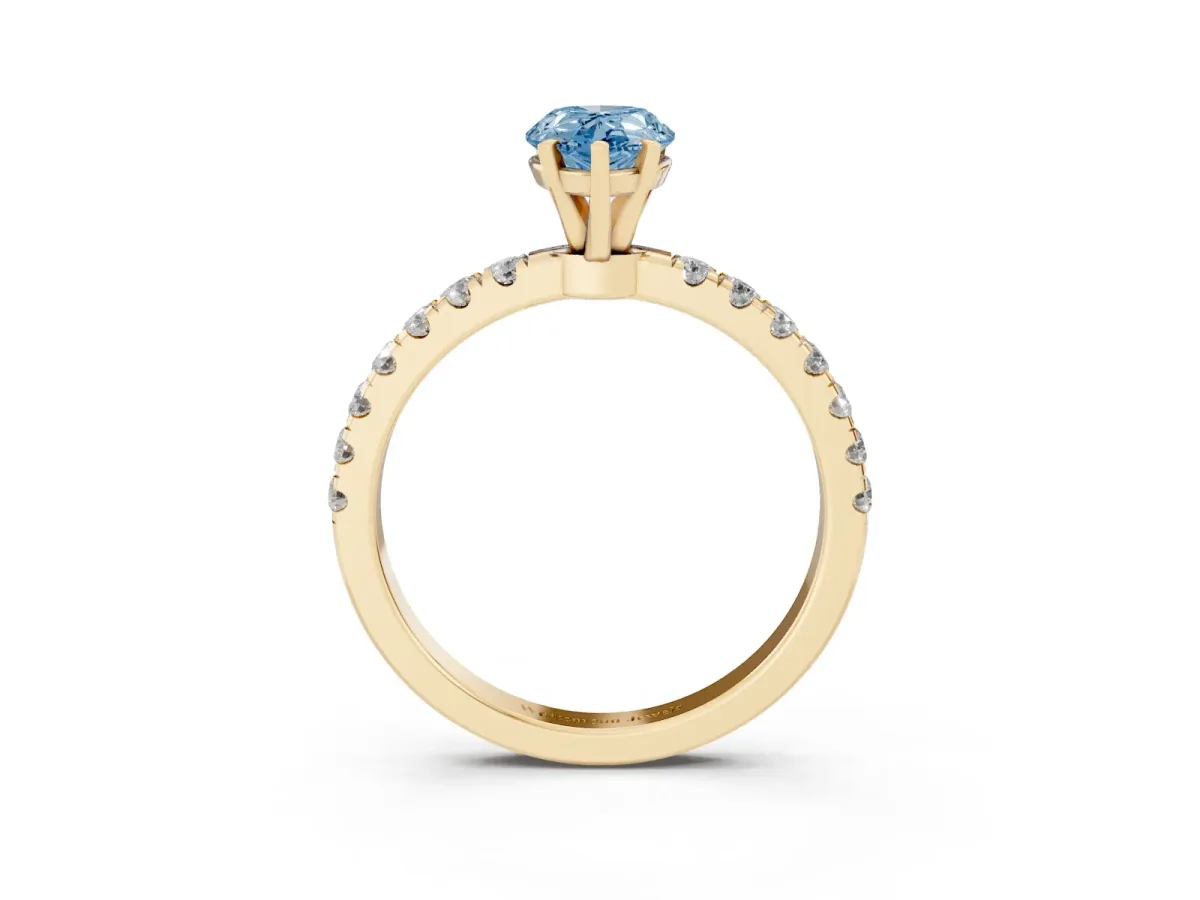 Fancy Blue Pear Cut Diamond Solitaire Ring with Pavé Accents and Four-Prong Setting Yellow gold