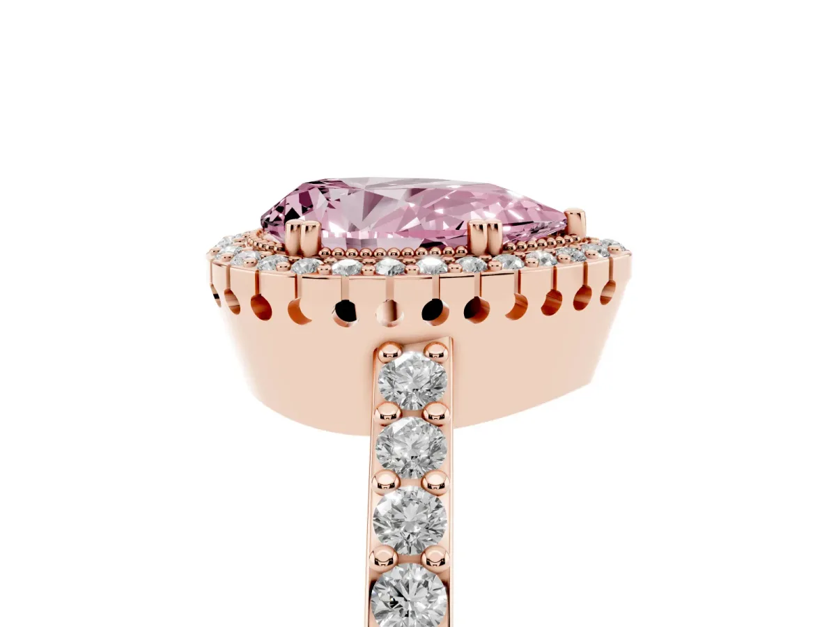 Fancy Pink Pear Cut Cut Diamond Halo Engagement Ring with Milgrain Detail and Pavé Band Rose gold