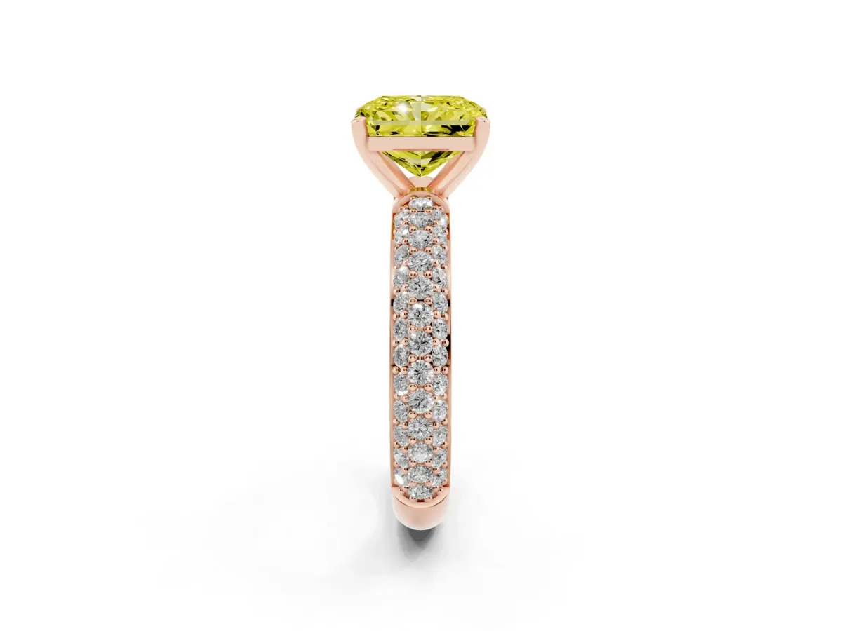 Fancy Yellow Radiant Cut Diamond Solitaire Ring with Prong Setting and Pavé Band Rose gold