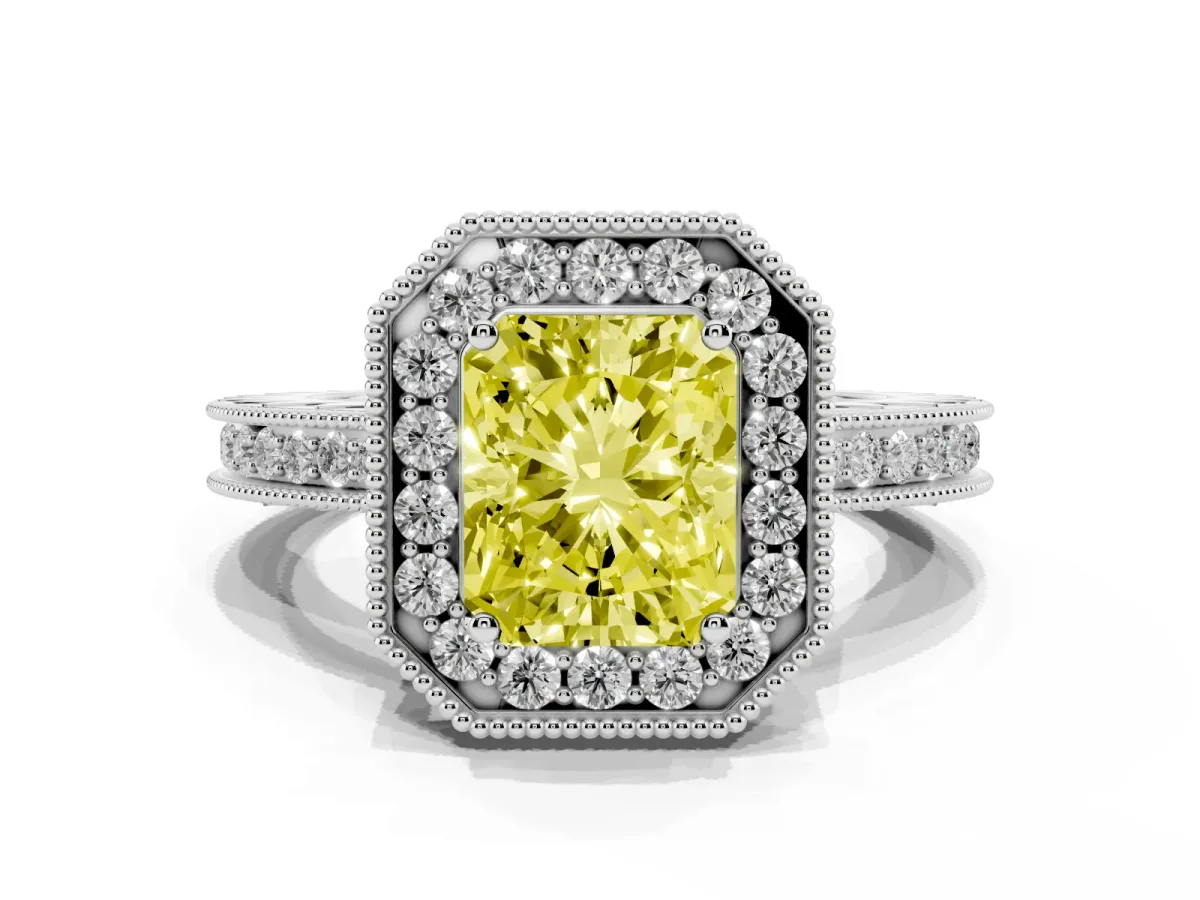 Fancy Yellow Radiant Cut Diamond Milgrain Halo Engagement Ring with Round Pavé Band and Prong Setting Silver