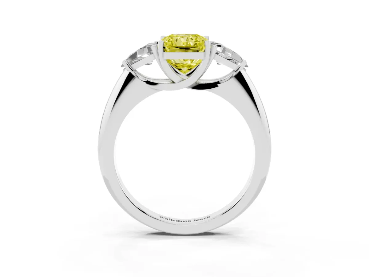 Fancy Yellow Three-Stone Radiant Cut Diamond Engagement Ring with Trillion Side Stones and Prong Setting White gold