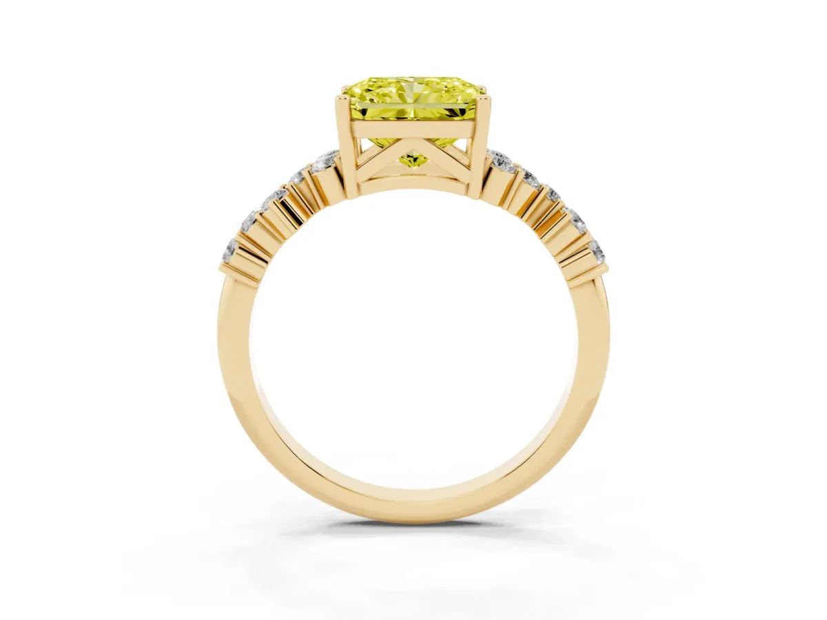 Fancy Yellow Radiant Cut Diamond Scattered Round Accent Ring with Prong Setting Yellow gold