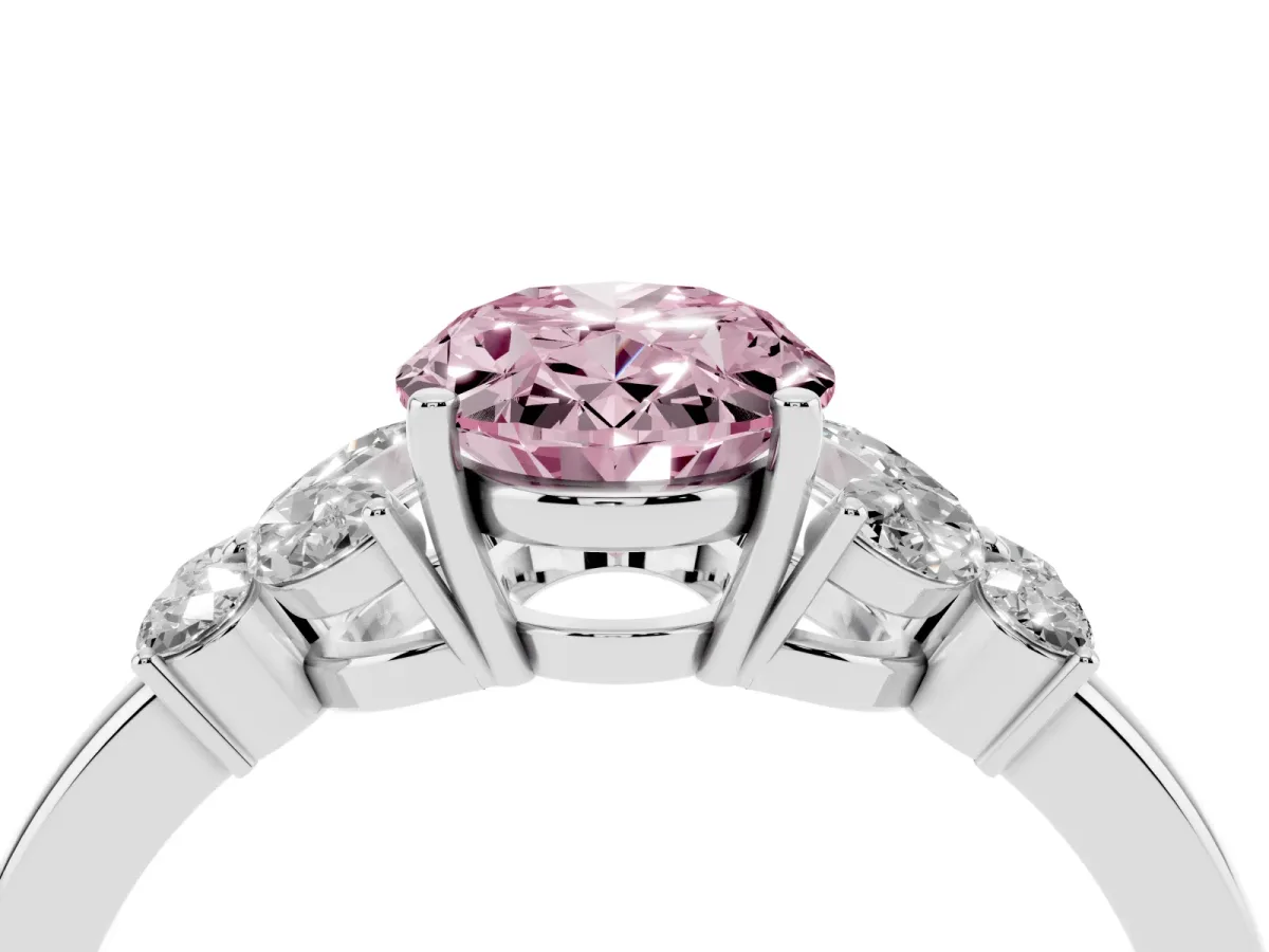 Fancy Pink Oval Cut Cut Solitaire Floral Diamond Ring with Four-Prong Setting Silver