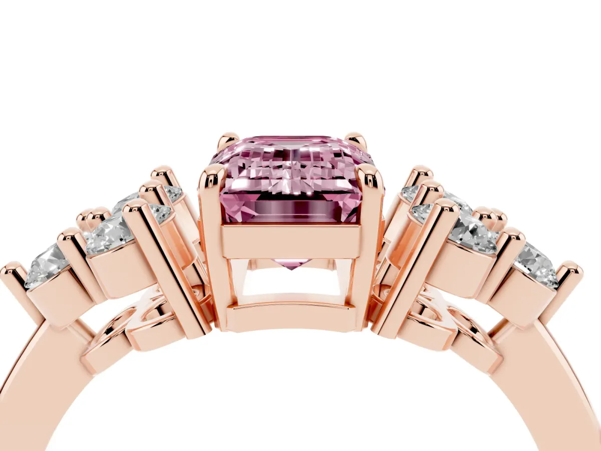Fancy Pink Emerald Cut Brilliant Diamond Cluster Accent Solitaire Ring with Prong Setting Rose gold