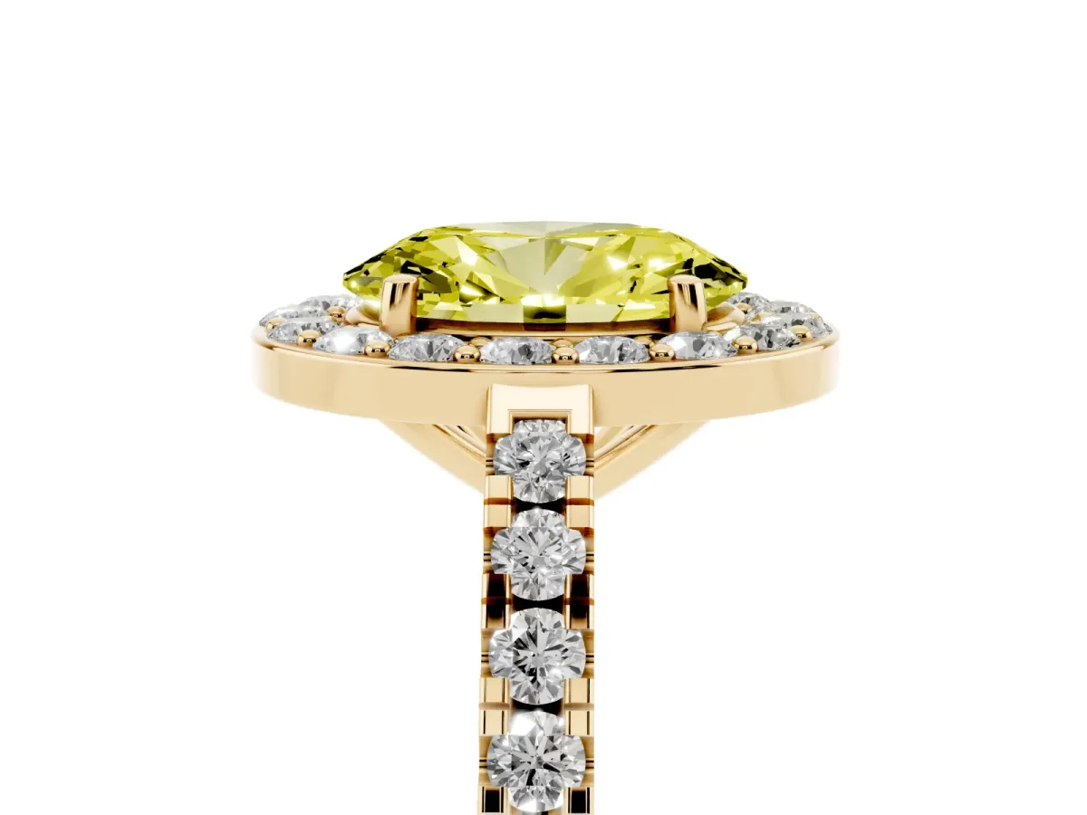 Fancy Yellow Oval Cut Diamond Halo Ring with Round Pavé Split Shank and Prong Setting Yellow gold