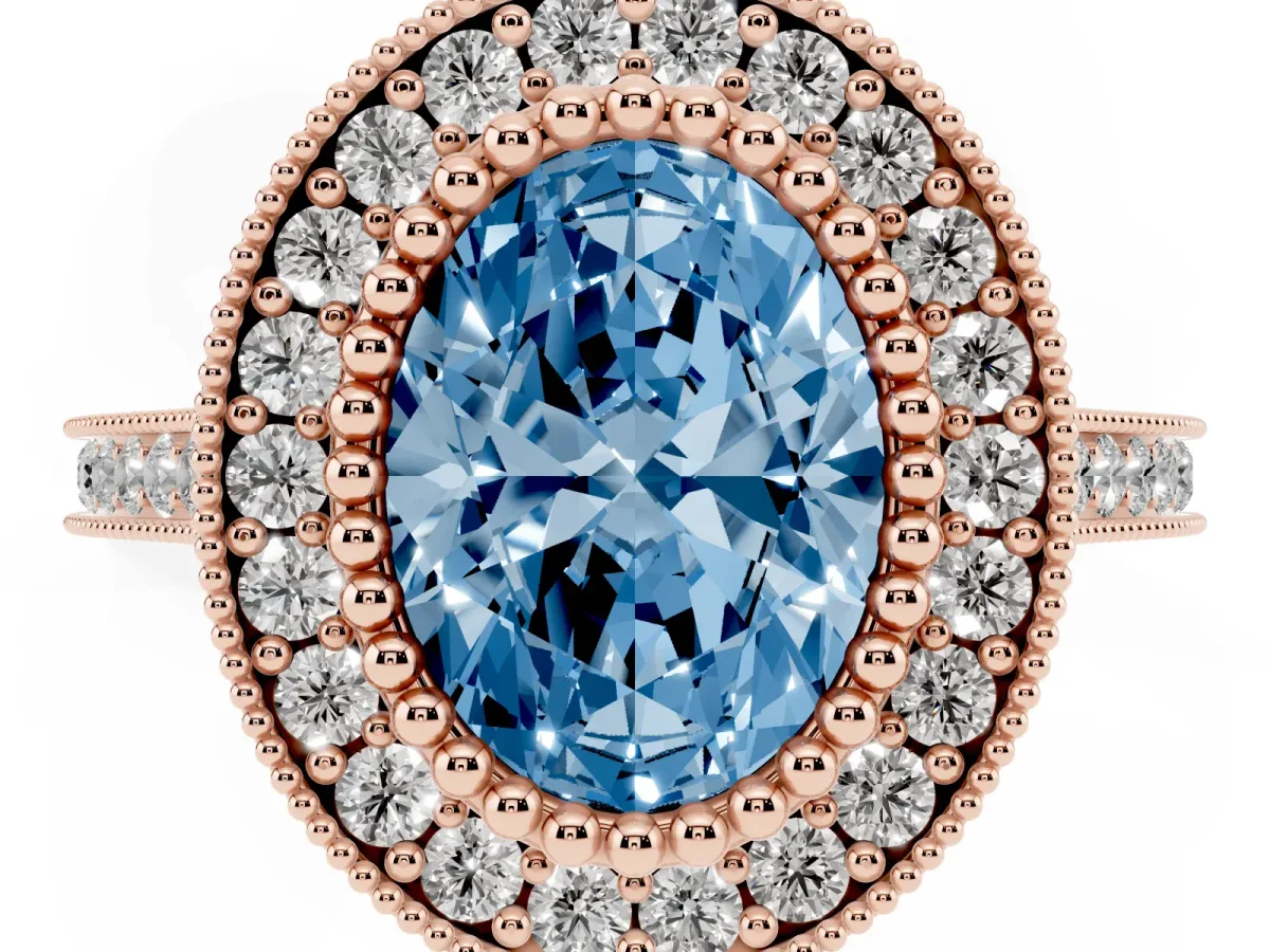 Fancy Blue Oval Cut Diamond Halo Ring with Milgrain Frame and Pavé Band Rose gold