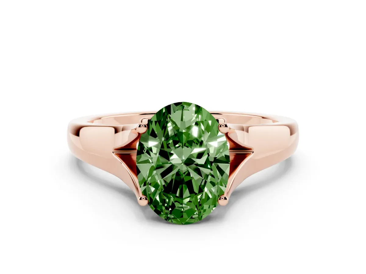 Fancy Green Oval Cut Solitaire Diamond Ring with Cathedral Band and Four-Prong Setting Rose gold