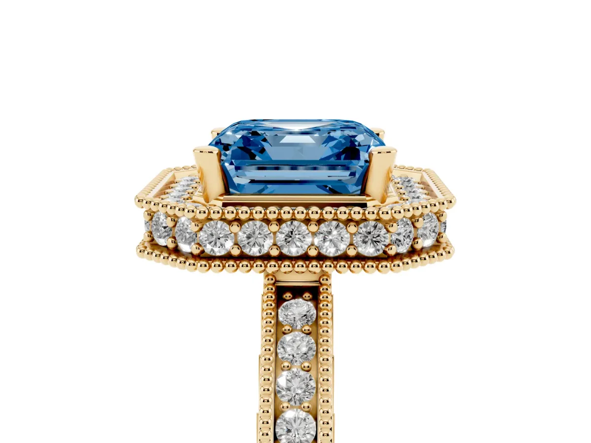 Fancy Blue Asscher Cut Diamond Milgrain Halo Engagement Ring with Round Pavé Band and Prong Setting Yellow gold