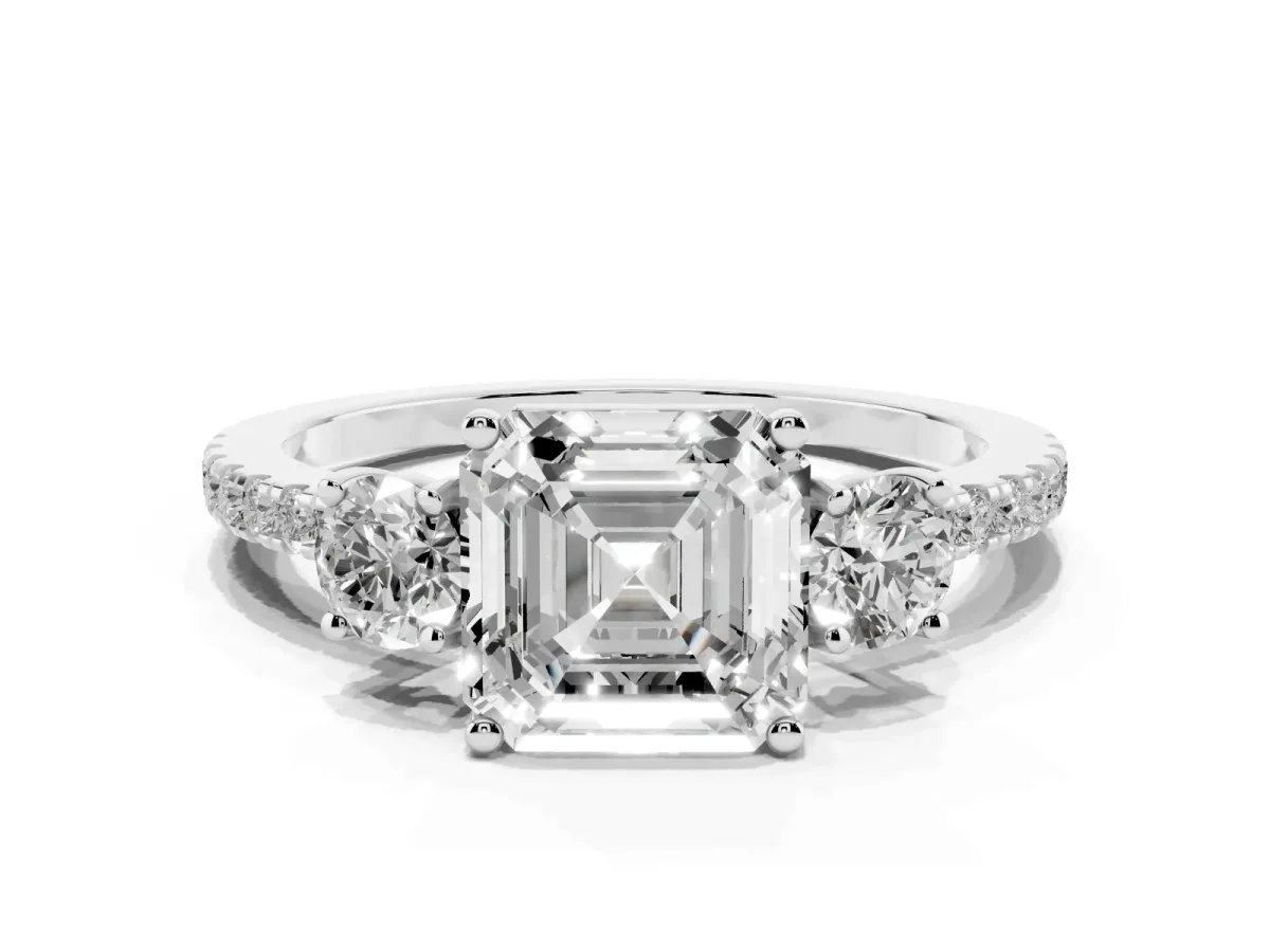Three-Stone Asscher Cut Cut Diamond Pavé Band with Prong Setting Platinum