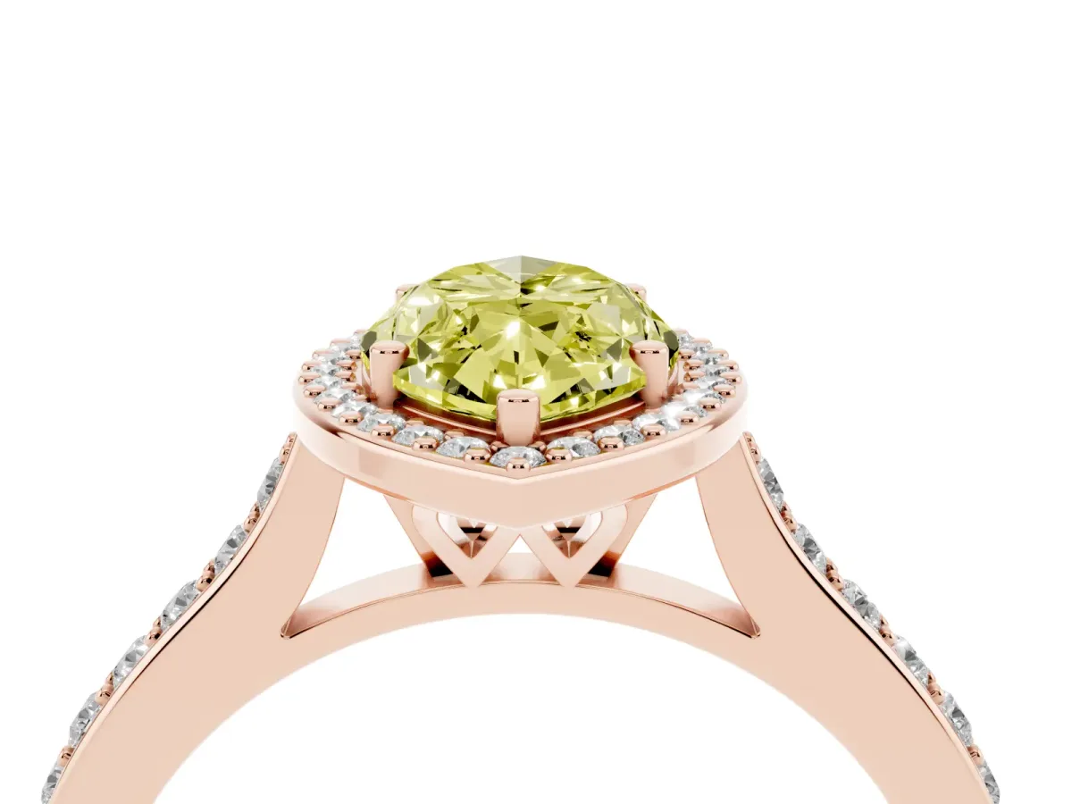 Fancy Yellow Marquise Cut Diamond Halo Engagement Ring with Round Pavé Shoulders and Prong Setting Rose gold