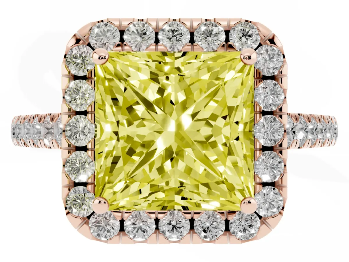 Fancy Yellow Princess Cut Halo Pave Diamond Engagement Ring with Four-Prong Setting Rose gold