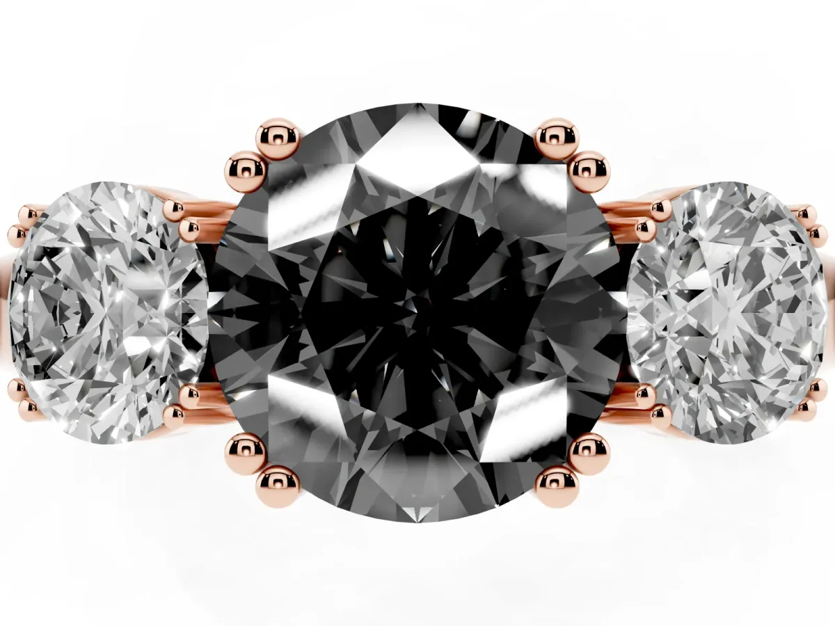 Fancy Black Three-Stone Round Cut Cut Diamond Ring with Channel Set Band and Four-Prong Setting Rose gold